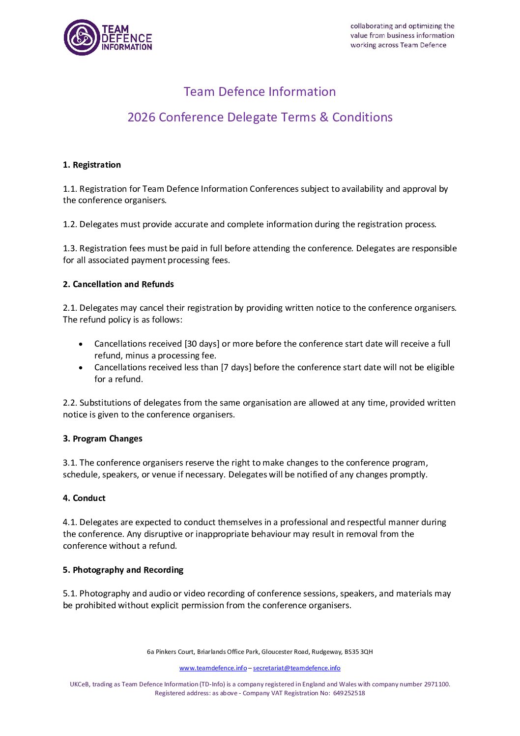 TD-Info 2026 Conference Delegate T&C’s