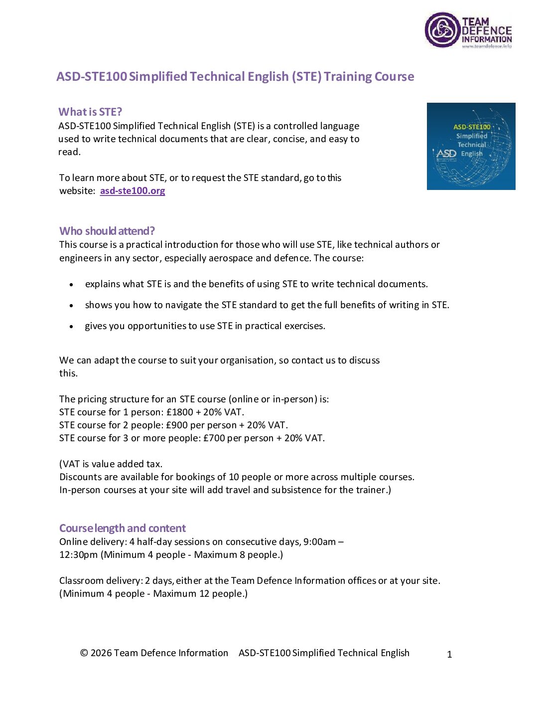 ASD-STE100 TD-Info Course Brochure